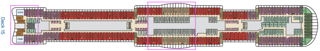 Deck 15 plan with cabins under the pool areas highlighted