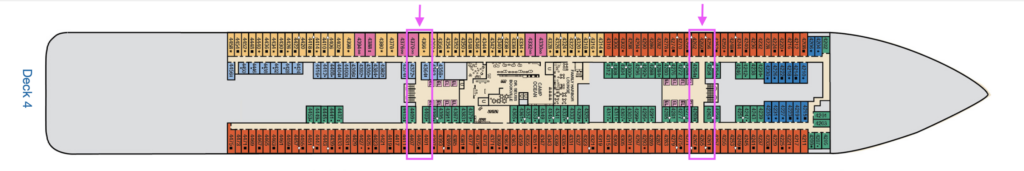 Deck 4 plan with cabins near elevators and stairs highlighted