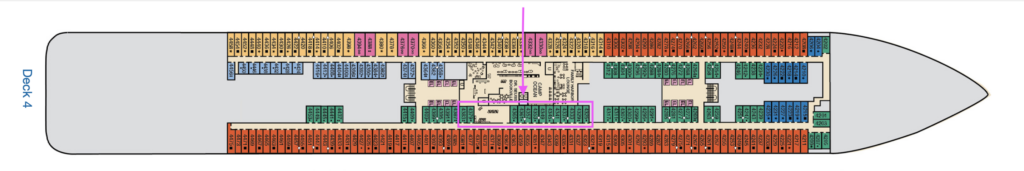 Deck 4 plan of cabins near Family Harbor lounge and Camp Ocean highlighted