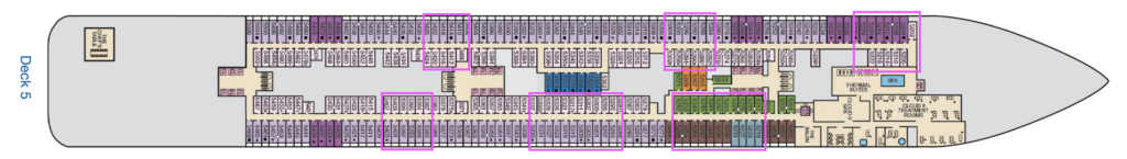 Deck 5 plan with cabins under noisy venues highlighted