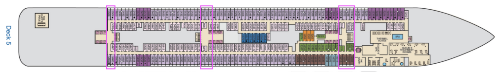 Deck 5 plan with cabins near elevators and stairs highlighted