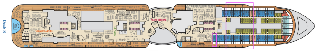 Deck 8 plan with cabins near noisy venue highlighted