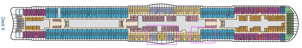 Deck 9 plan with cabins above noisy venues highlighted