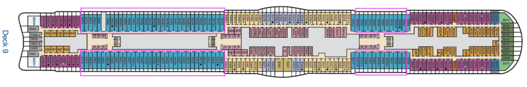 Deck 9 plan with cabins with uncovered, jutted balconies highlighted
