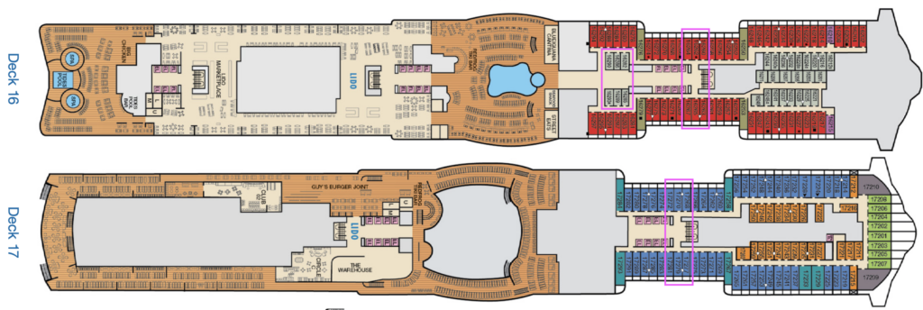 Deck 16 and 17 plans showing cabins near elevators and high foot traffic areas highlighted