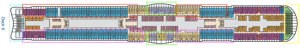 Deck 9 plan with different cabin view types highlighted