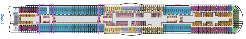 Deck 9 plan with cabins near elevators and stairs highlighted