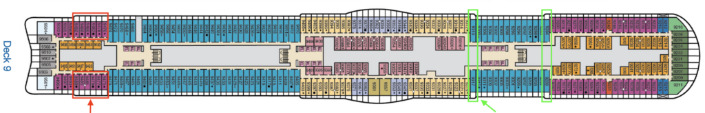 Deck 9 plan with cabins with larger balconies highlighted